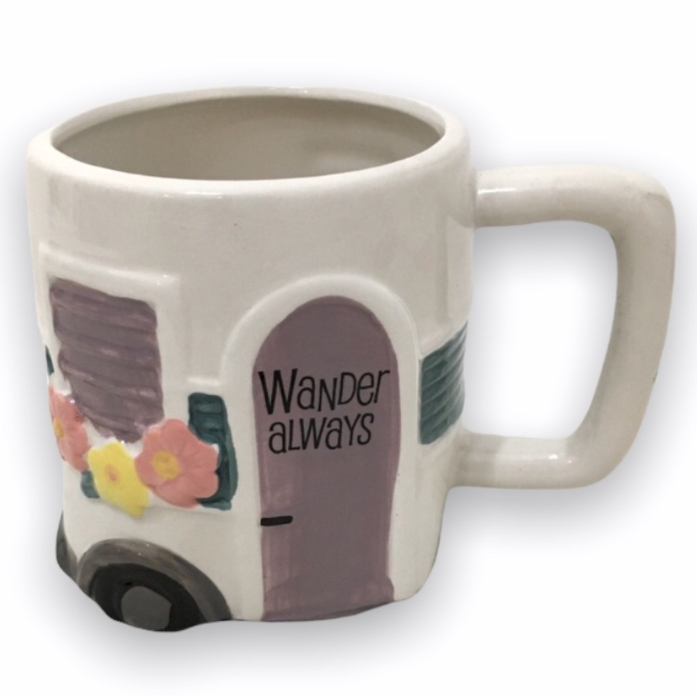Wander Always Handpainted Artsy Kitschy Camper Camping RV Travel Mug Cup NEW